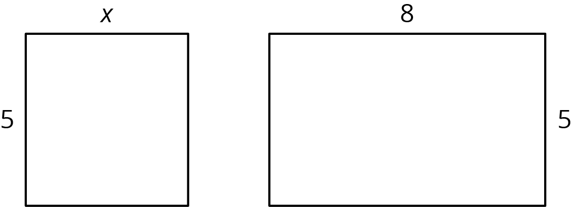 Two rectangles. The first rectangle has a height of 5 and width of x. The second rectangle has a height of 5 and width of 8.