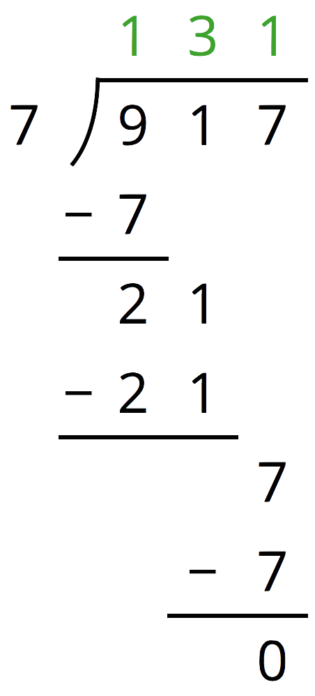 Example division problem 917 divided by 7.