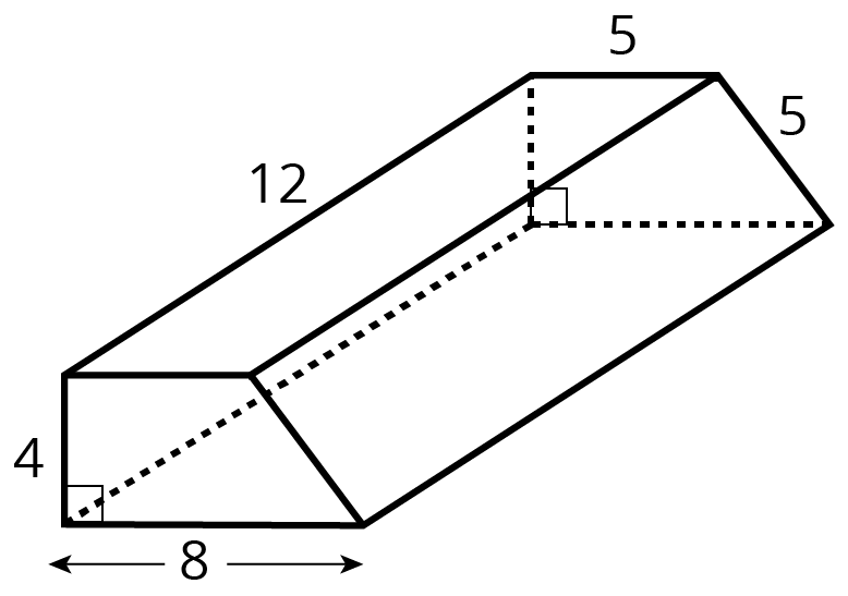 A prism, height 12. Each base is a trapezoid, parallel sides 8 and 5, non-parallel sides 4 and 5. The side with length 4 is perpendicular to the parallel sides.