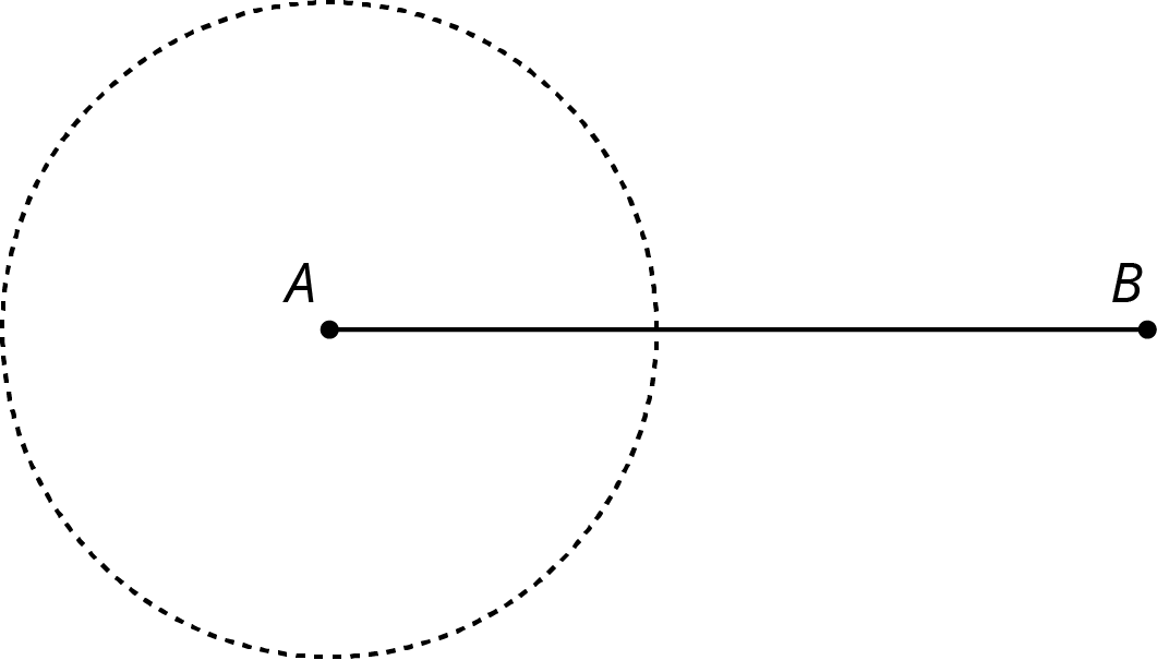 A line segment is labeled A B. A dotted circle is drawn with center at A.