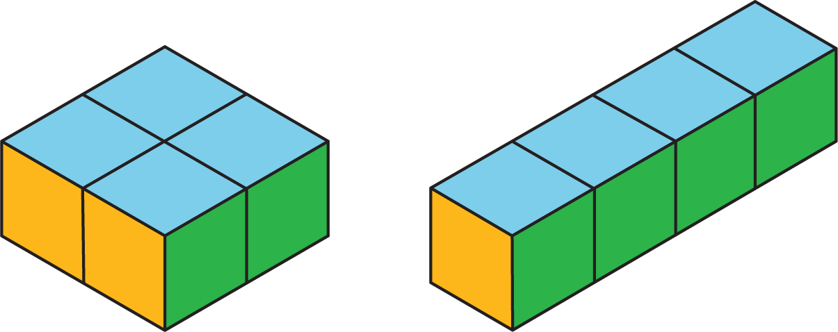 4 cubes arranged into two different rectangular prisms