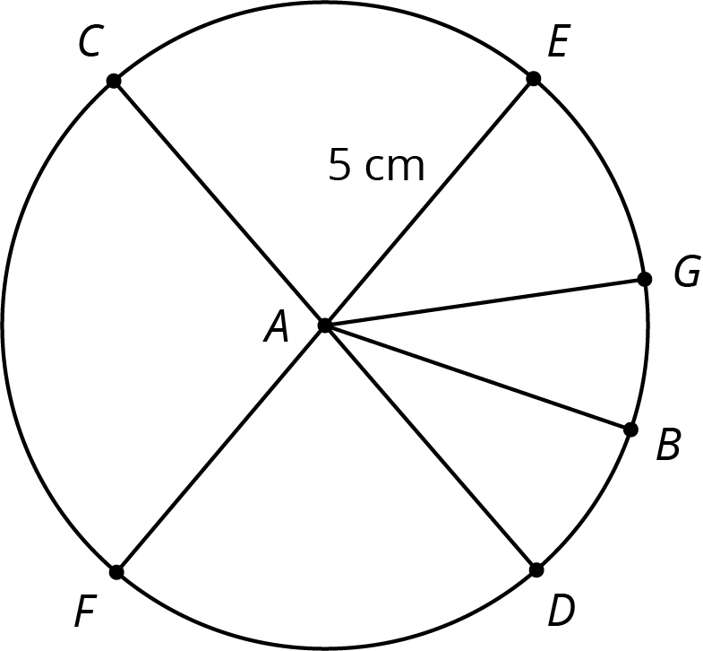 Circle with point A at center. Points C, E, G, B, D, F lie on the circle. Length of segment AE, 5 cm.