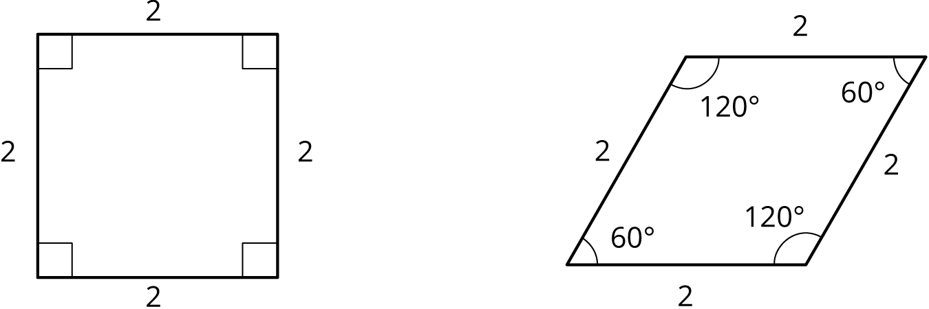 Two figures. First, a square with sides each 2 units. Second a rhombus with sides each 2 units, angles 120, 60, 120, 60 degrees.