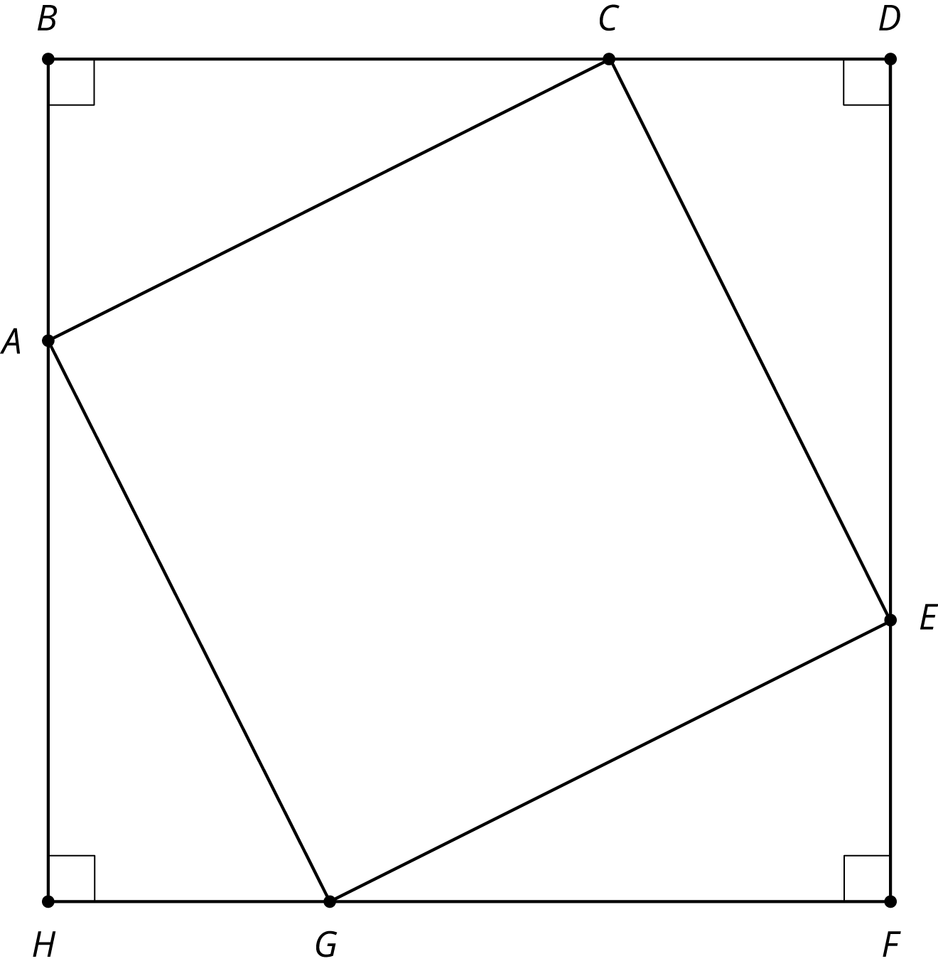 A rectangle \(B\ D\ F\ H\) composed of 4 identical right triangle corners