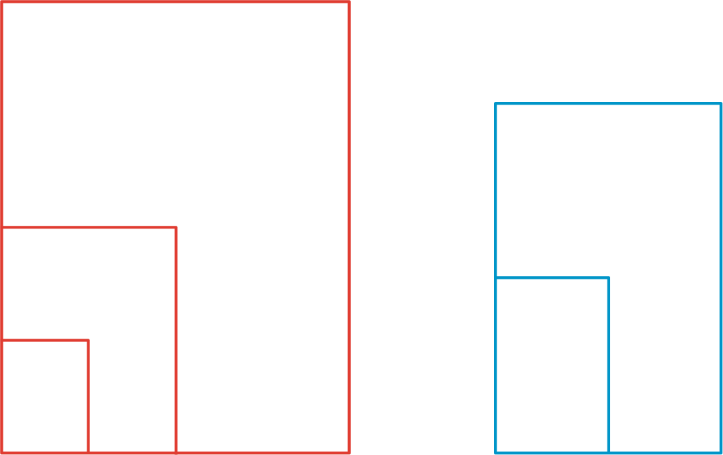 Rectangles A, C and E stacked with the same lower left point and next to rectangles B and D stacked with their same lower left point. All rectangles have short side as base and long side as height.