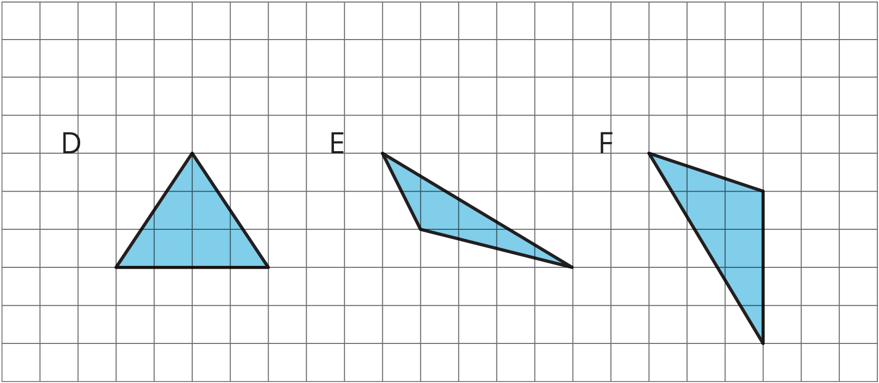 Three triangles labeled D, E, and F.