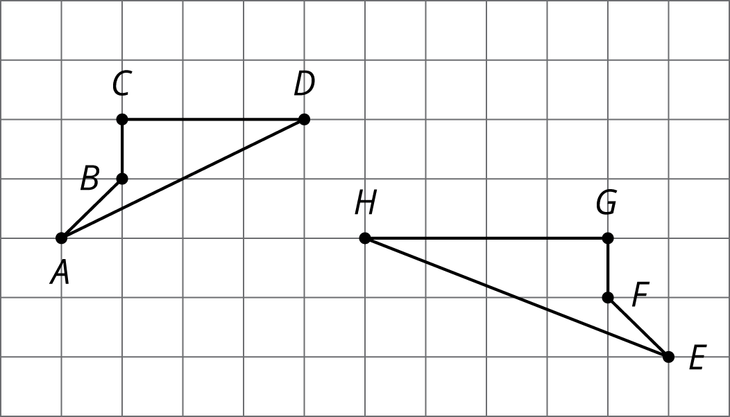 Two quadrilaterals A B C D and E F G H on a square grid.