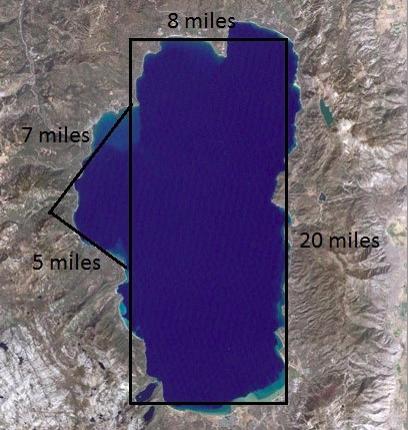 Aerial photo of Lake Tahoe. Side lengths starting at top moving clockwise, 8 miles, 20 miles, unknown, unknown, 5 miles, 7 miles, unknown.