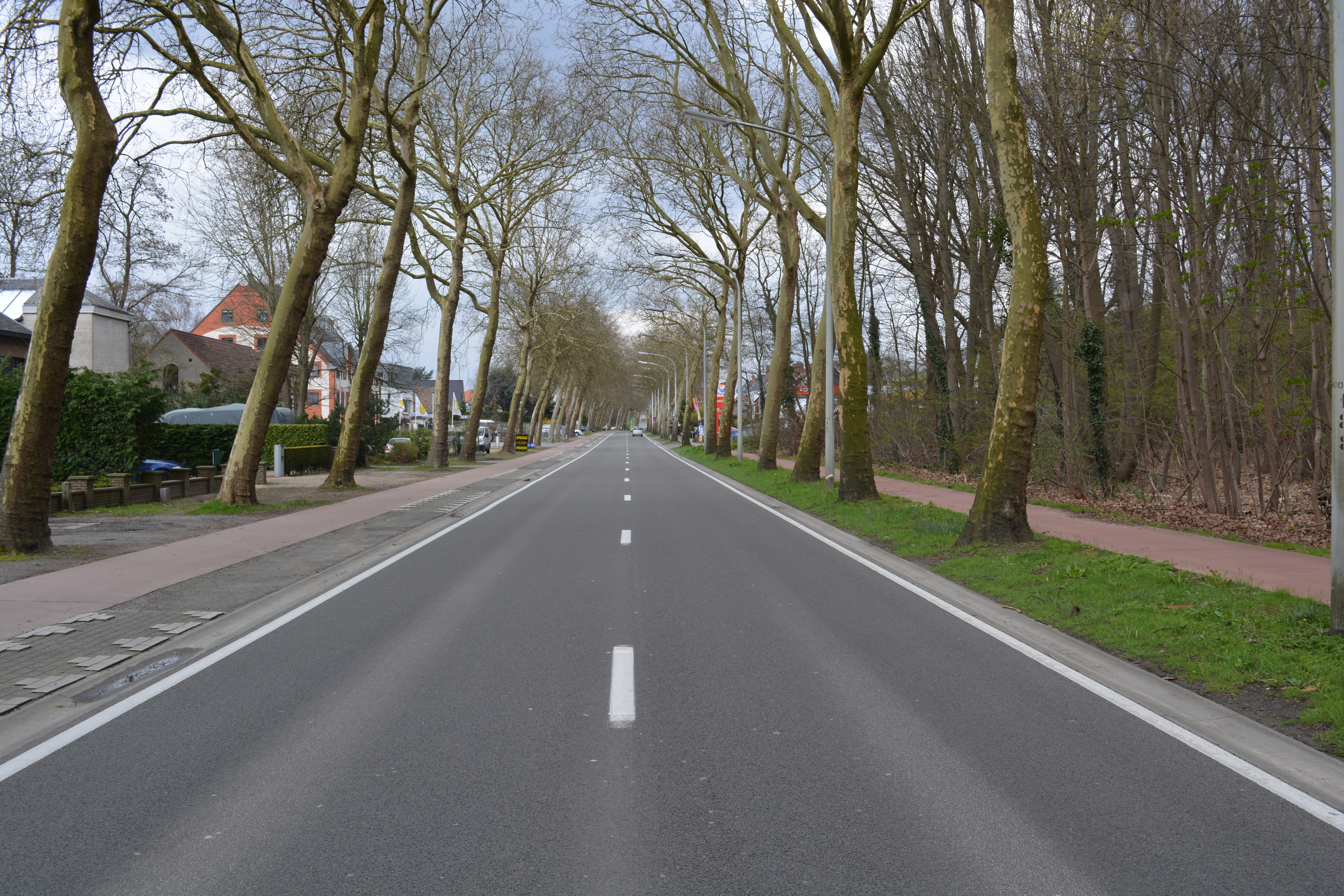 A straight road in the suburbs with sidewalks on each side