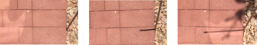 Three photos of a sidewalk and a stick. Frist, there is no shadow on the sidewalk. Second there is a short, horizontal shadow on the sidewalk. Third, there is a long horizontal shadow on the sidewalk.