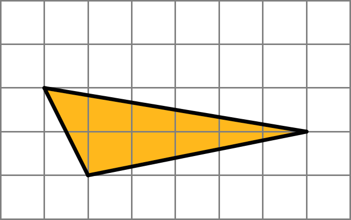 A three sided figure in a grid. Vertices located at two units right, 1 unit up; 7 units right, 2 units up; and 1 unit right, 3 units up.