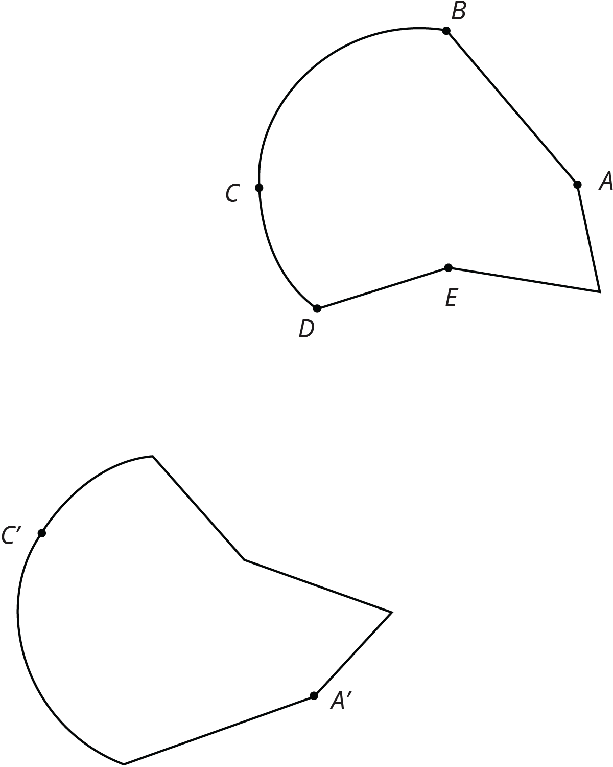 Figure A B C D E and its image A prime B prime C prime D prime E prime. The image has been reflected and has points A prime and C prime.