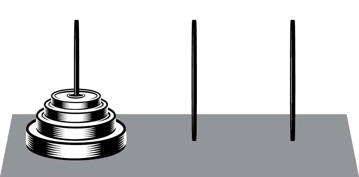 Three vertical pegs. On the first peg, 4 stacked discs, increasing in size from top to bottom.
