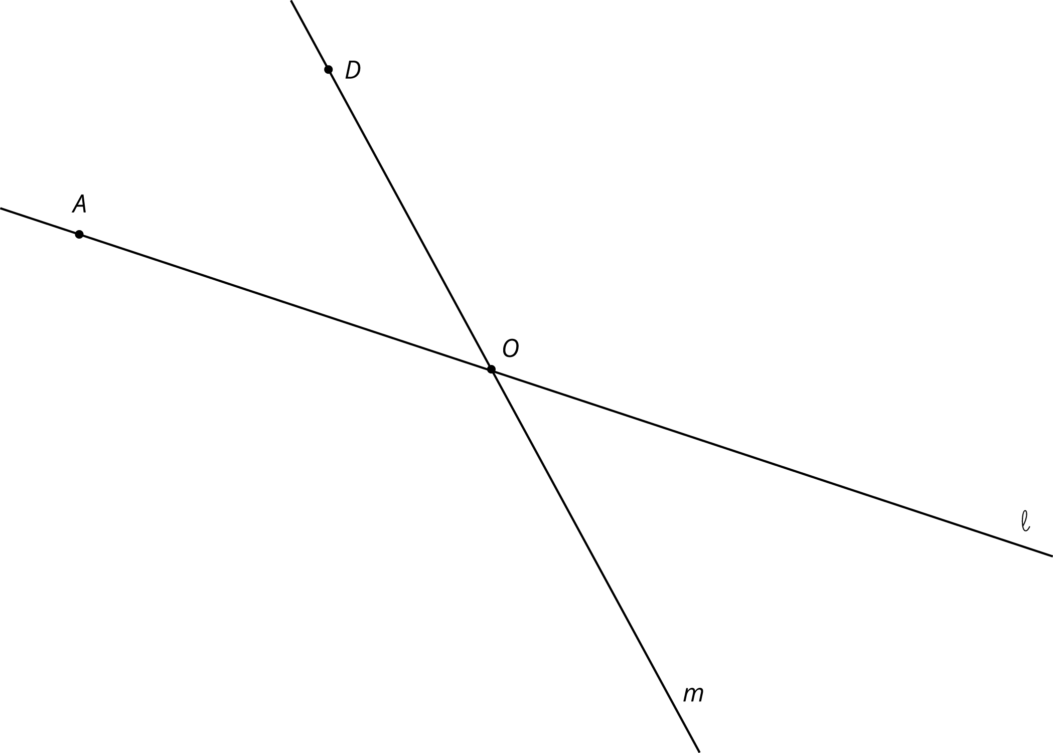 The diagram shows two lines L and M that intersect at a point O with point A on L and point D on M