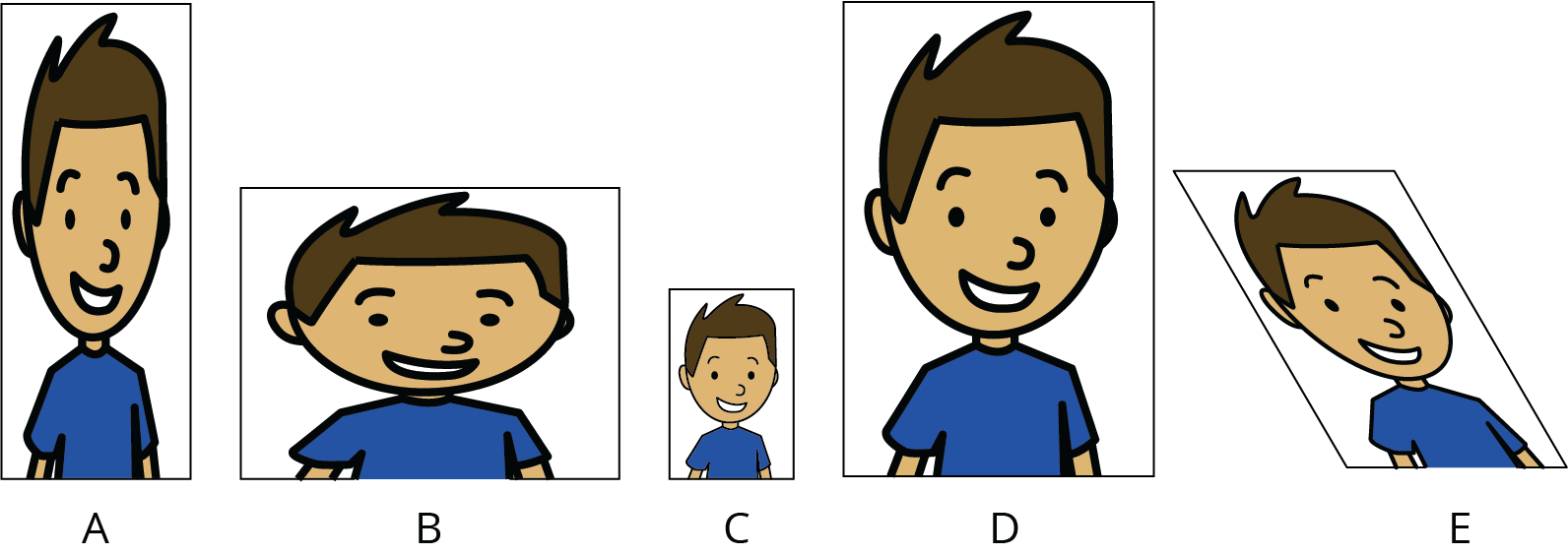 5 images of the same cartoon, however, the dimensions have been altered for each image.