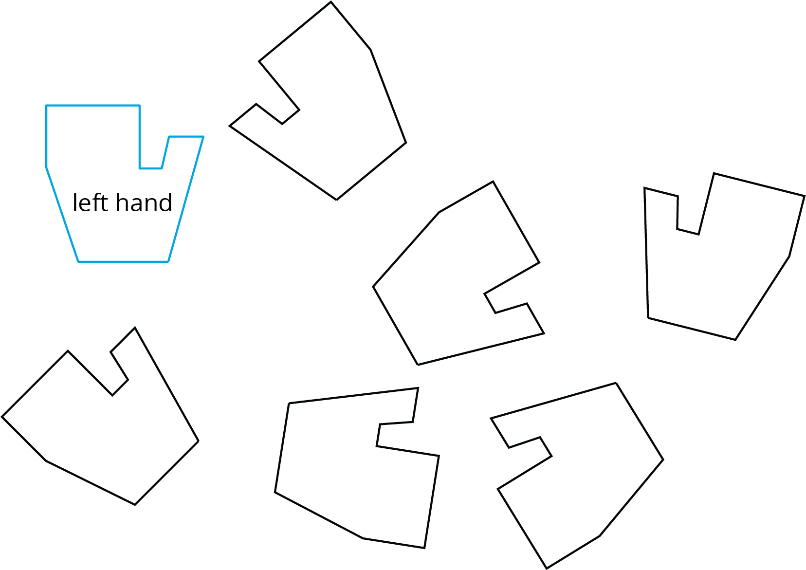 Left and right hand images. 1 left hand image is labeled, 3 left hand and 3 right hand images are unlabeled.