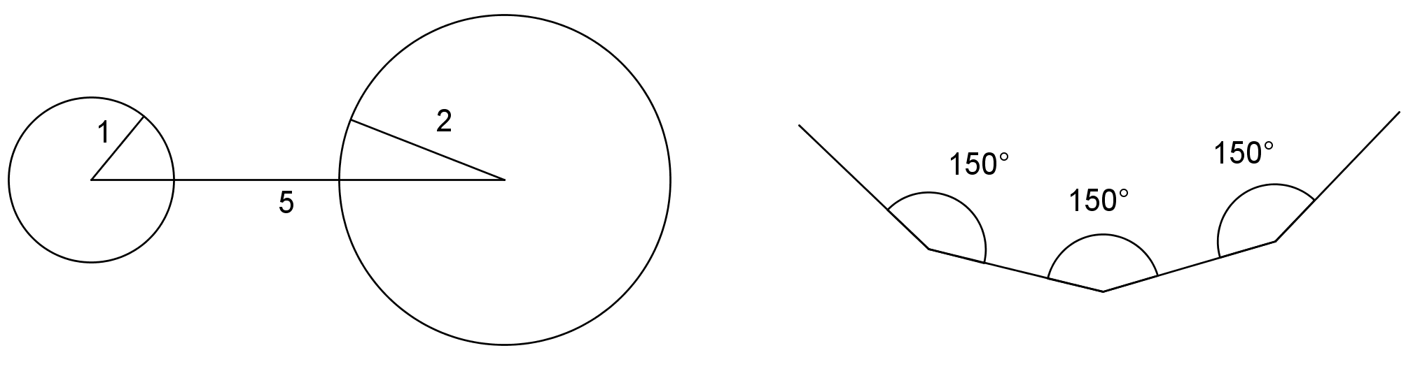 Two images. First, a segment 5 units, a circle radius 1 unit centered at an endpoint, a circle radius 2 centered at the other endpoint. Second, 4 segments, joined end to end, each angle 150 degrees.