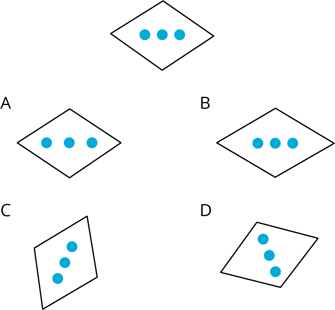 Five quadrilateral figures each with 3 blue dots.