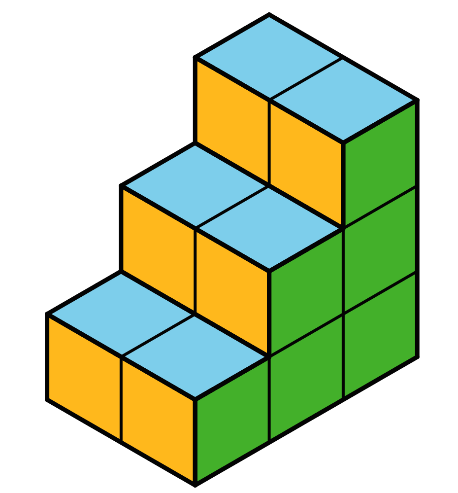 Steps, bottom row 3 cubes, middle row 2 cubes, top row 1 cube