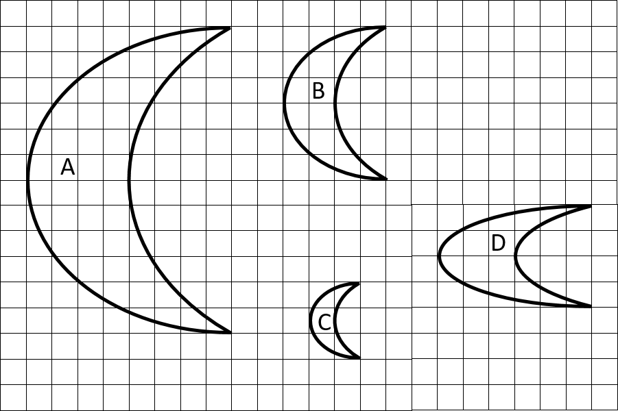 4 moons labeled A, B, C, D drawn on a grid.