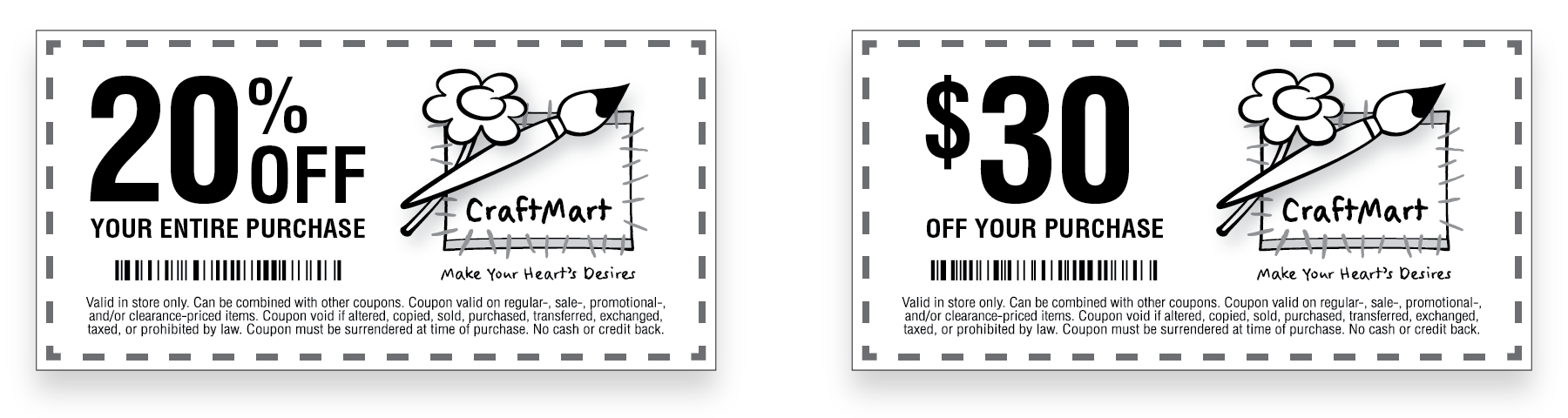 Two coupons to the same store. One for 20 percent off and one for 30 dollars off.