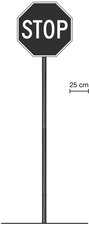 Stop sign. Scale with line segment = 25 centimeters. Width of octagon is about 3 times the length of the line segment in the scale.