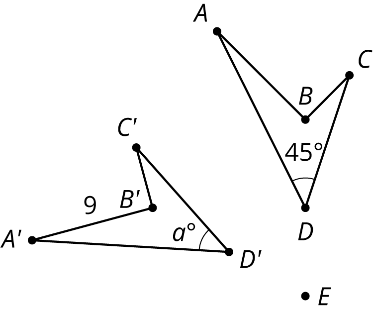 Quadrilateral A prime, B prime, C prime, D prime is an image of quadrilateral A, B, C, D after rotation around another point, E. Side A prime, B prime has length 9. Angle D has measure 45 degrees.