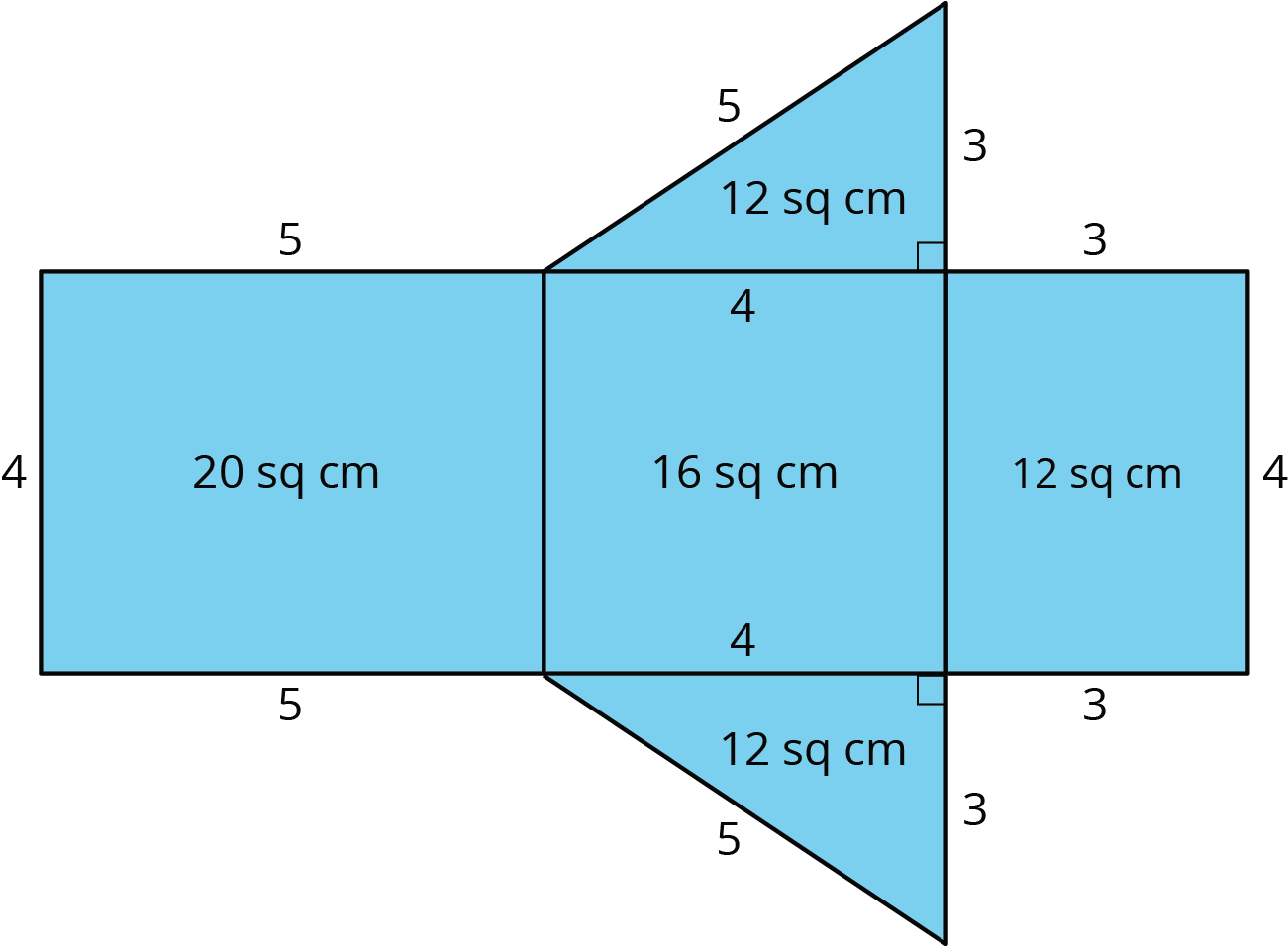 Triangular prism, dimensions and areas of faces provided.