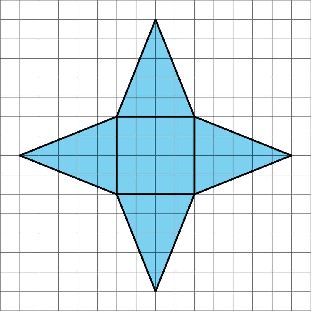 Net of a square pyramid. Base 4 by 4. Height of triangular faces = 5.