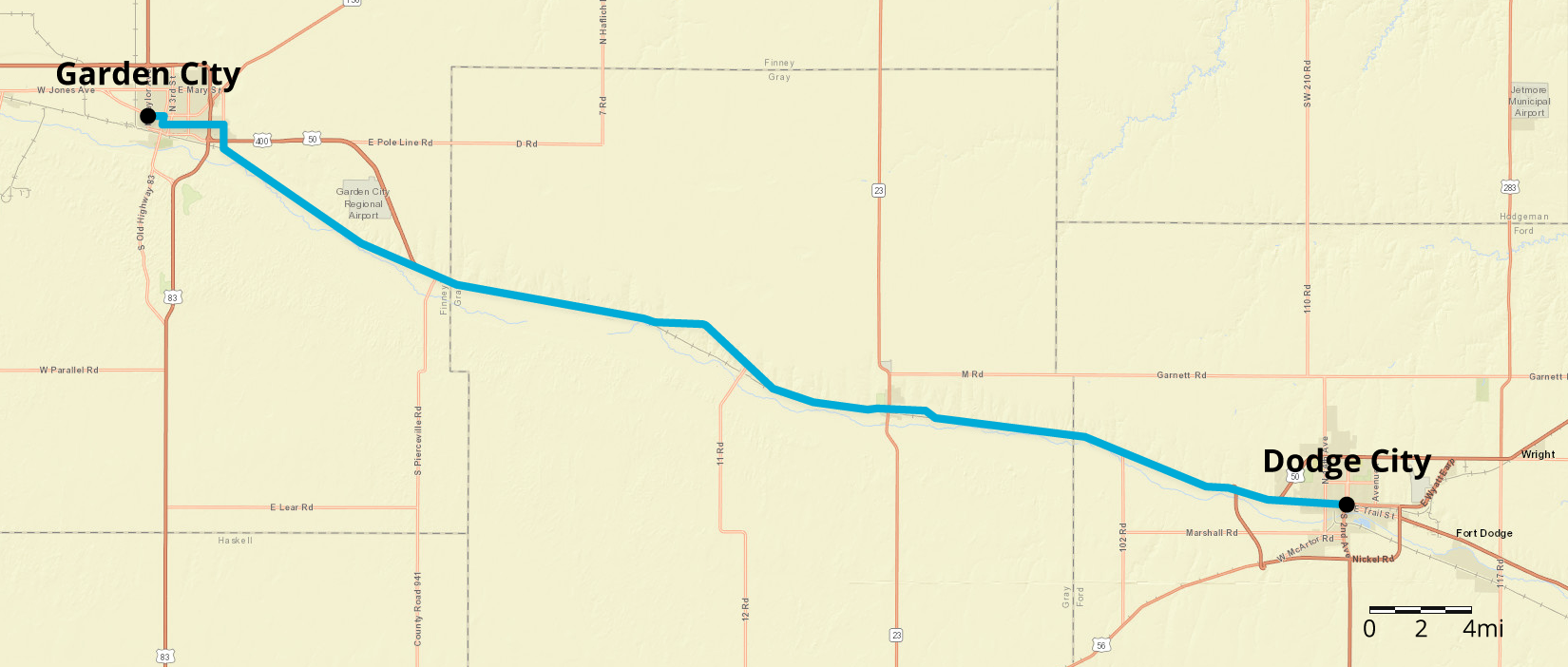 Map with a line, trending downward and right.