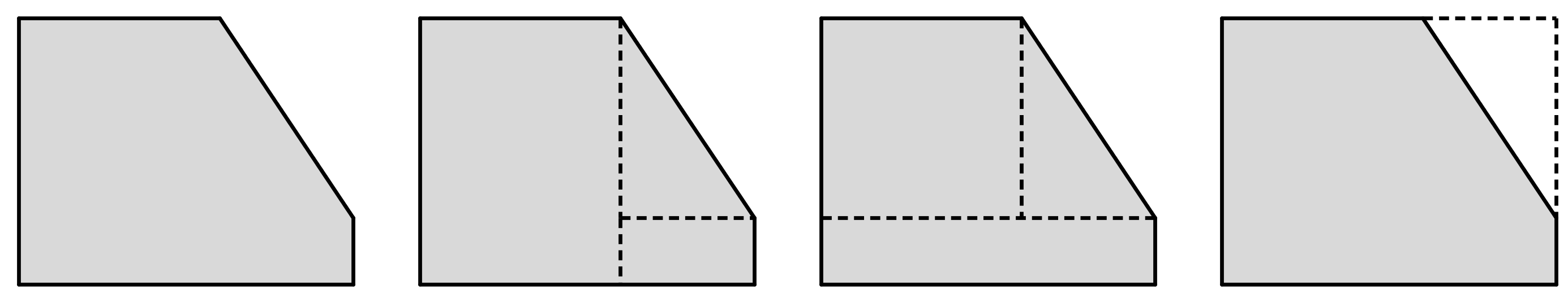 Four images of the same irregular polygon. In two images, the polygon is cut into different triangles and rectangles. In the fourth image, a triangle is added to make the polygon a rectangle.