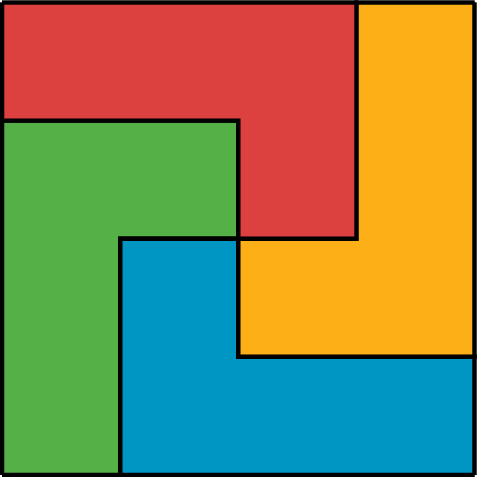 A square formed from a L-shaped figure and three transformations of the figure.