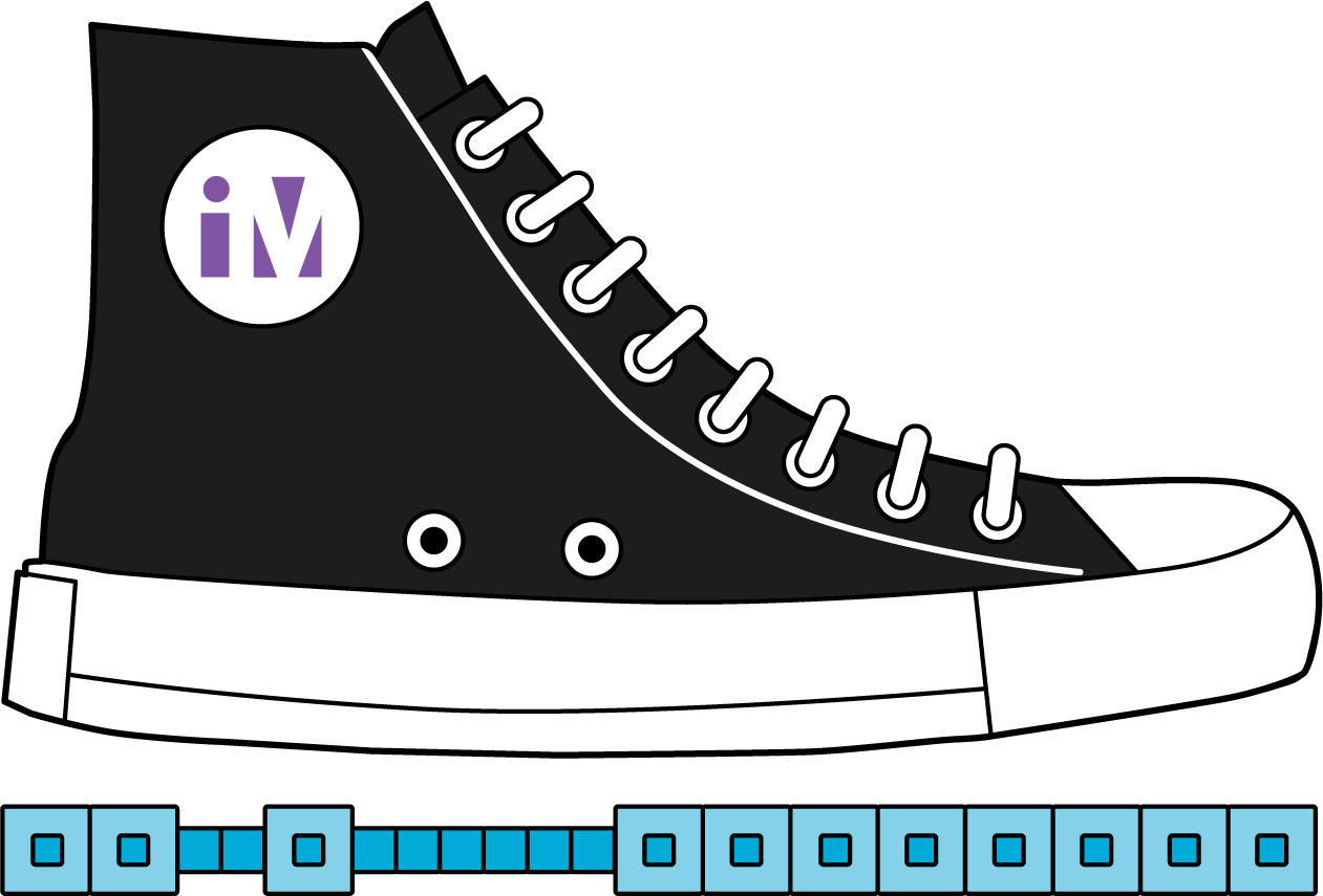 Shoe. Underneath from toe to heel, 19 cubes, two different sizes, no space in between the cubes.