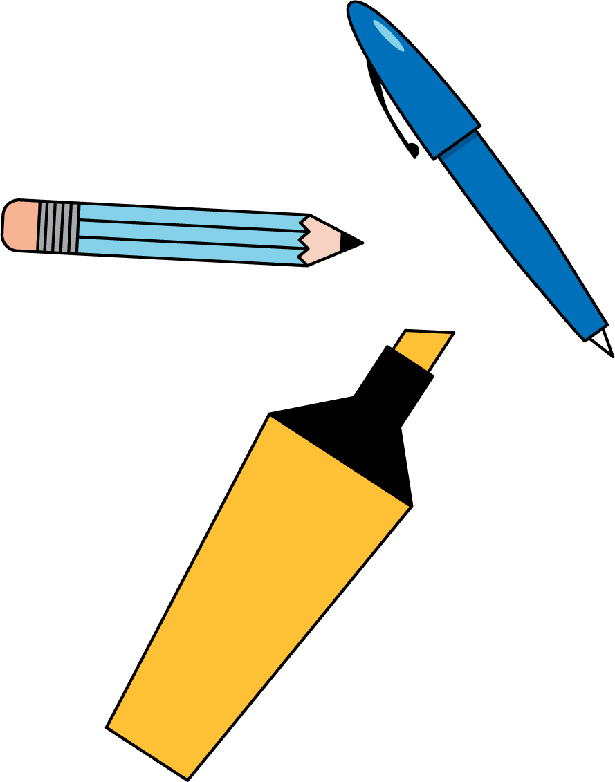 3 objects. Pencil, highlighter, pen.