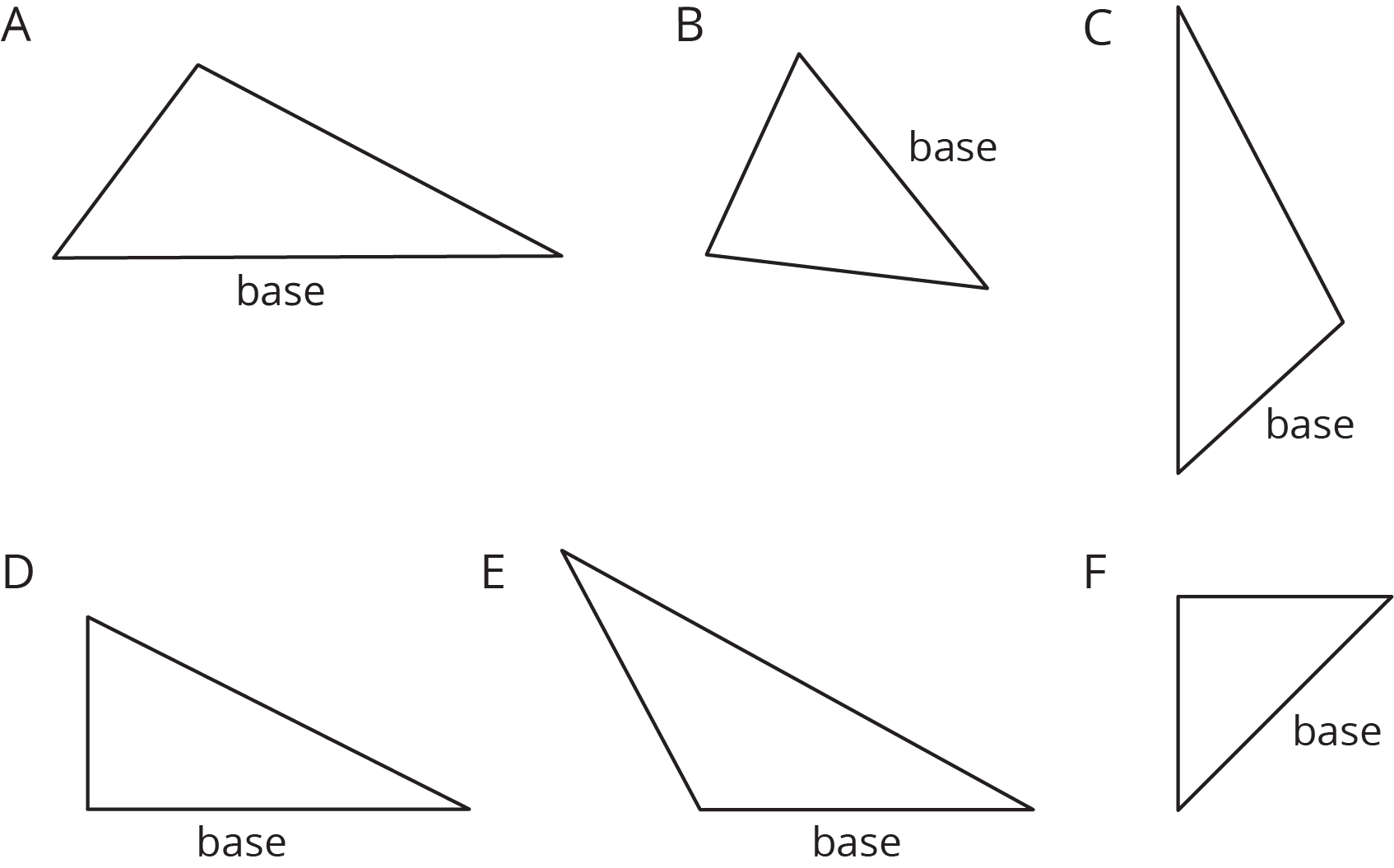 Six triangles labeled A--F each with one side marked as the base.