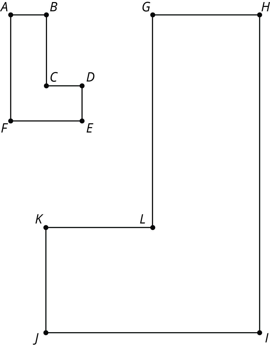 A small L shaped polygon, A right to B, down to C, right to D, down to E, left to F, up to A. Large L shaped polygon G right to H down to I, left to J, up to K, right to L, up to G.