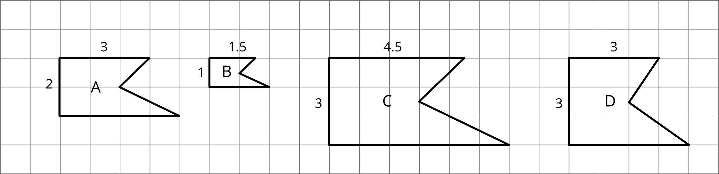 Figures A, B, C, and D drawn on a grid.