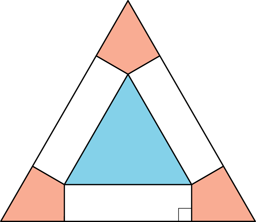 A large triangle divided into parts. 3 red quadrilaterals on the corners. 3 white rectangle along the sides. 1 blue triangle in center.