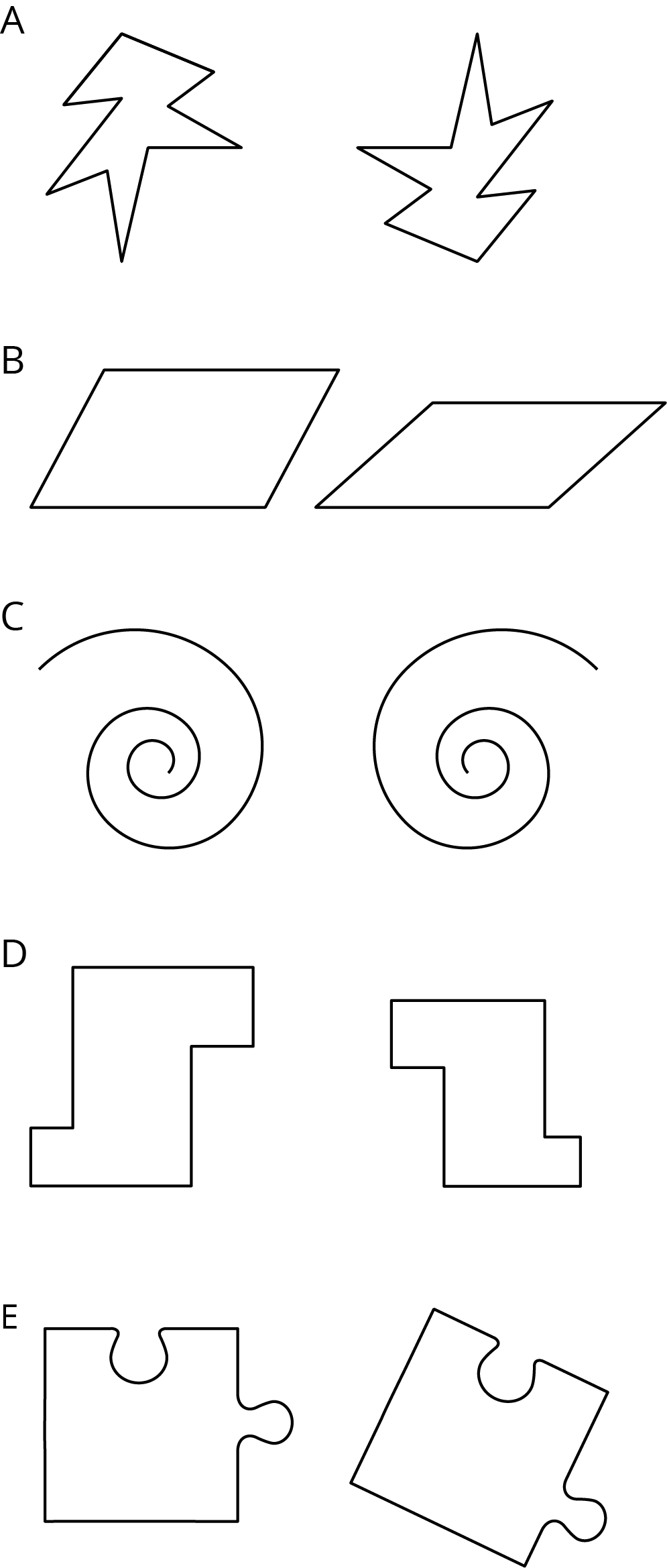 Five pairs of figures, A, B, C, D and E.