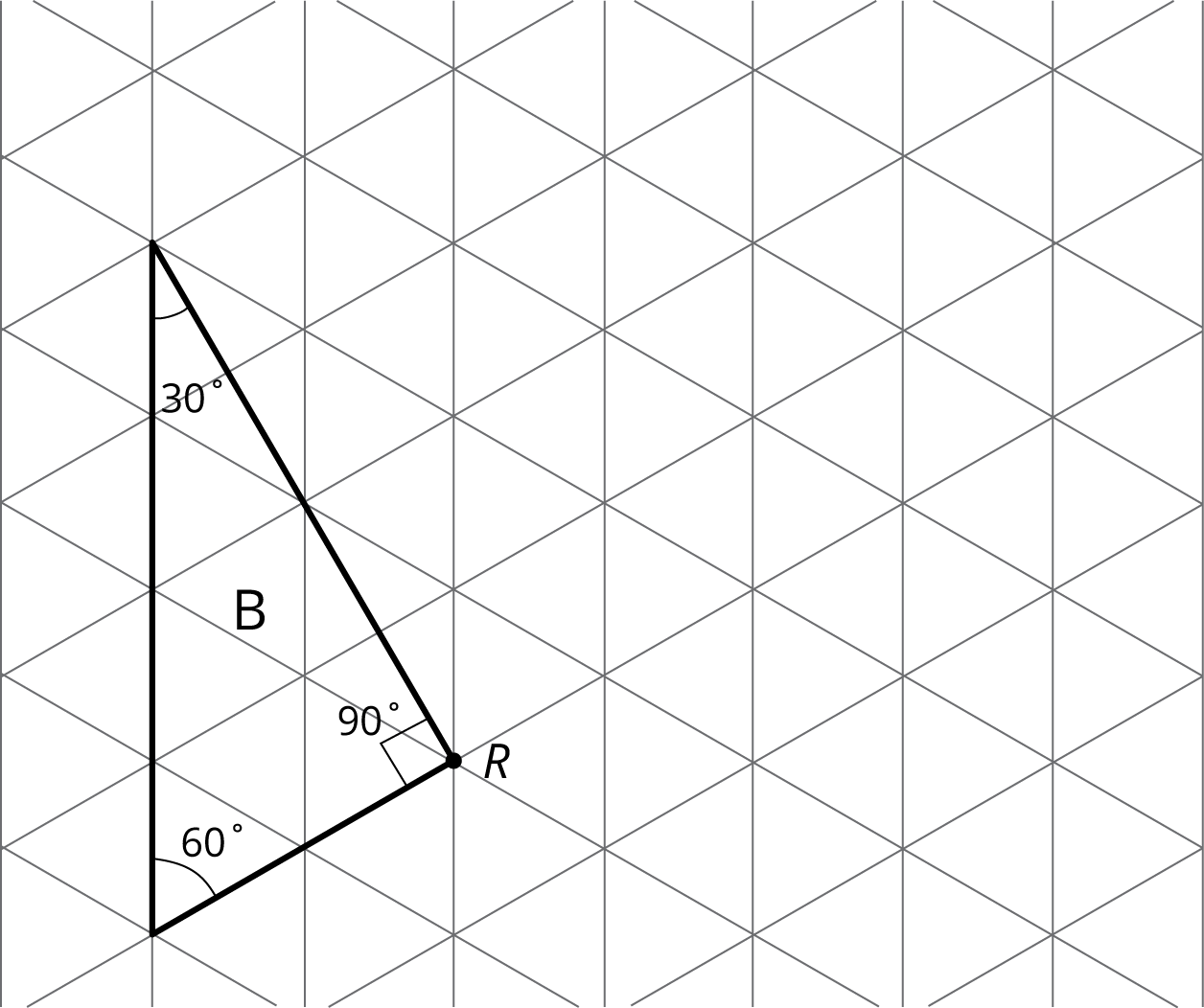 A right triangle on a isometric grid with point R labelled on the vertex with a right angle.