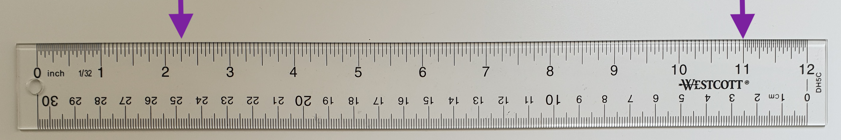 Image of ruler. Arrow at 2 point 25 inches and 11 inches.