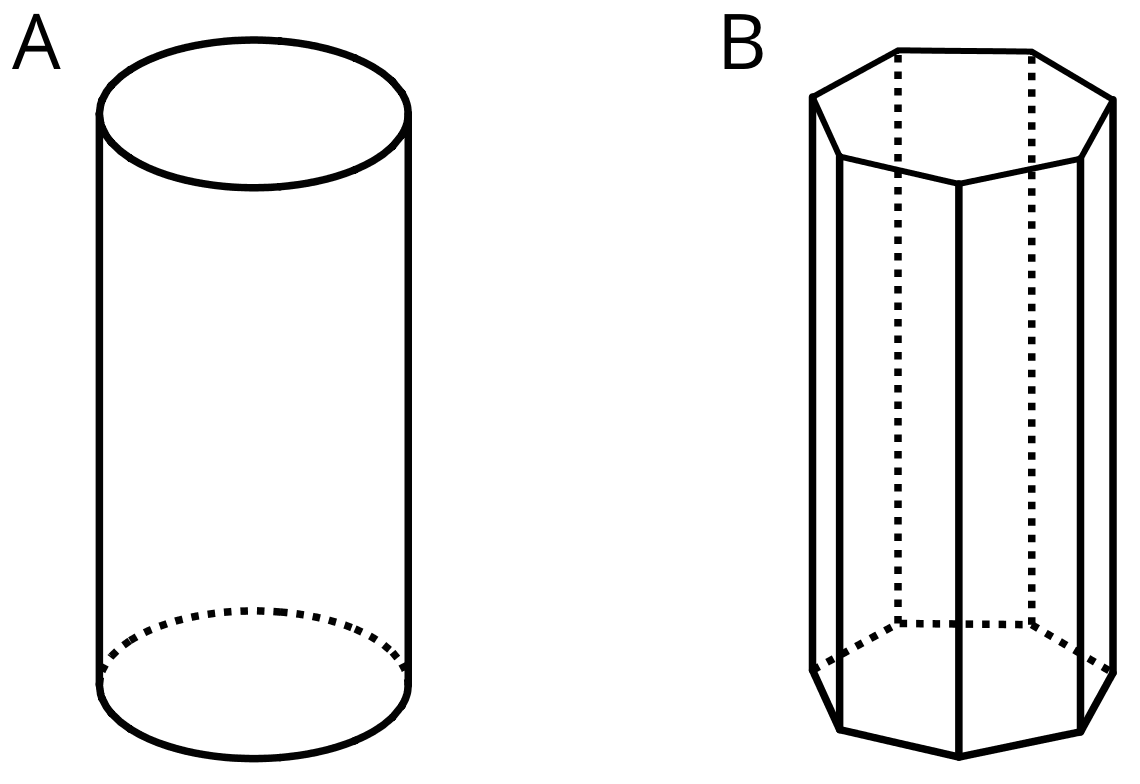 Two figures, A and B. Figure A is a cylinder, figure B is a prism with 7 sided polygons as faces.