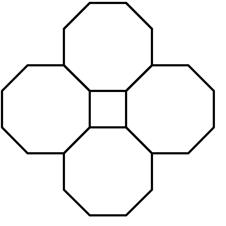 A diagram composed of 4 octagons with the same measure. They are arranged so that they each touch two others and form a center in the shape of a square.