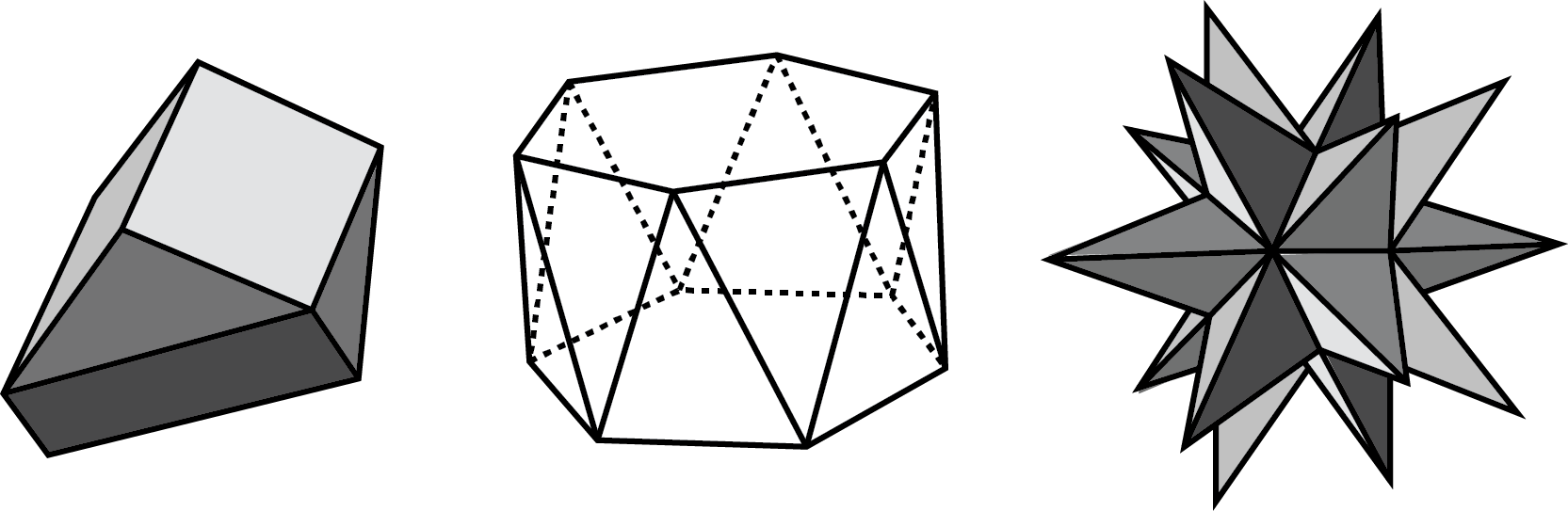 3 polyhedra, from left to right shapes resemble a house, drum, and star.
