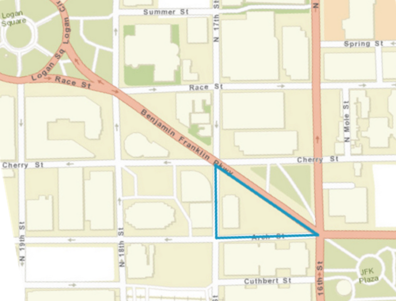A map that shows a plot of land indicated by a right triangle.