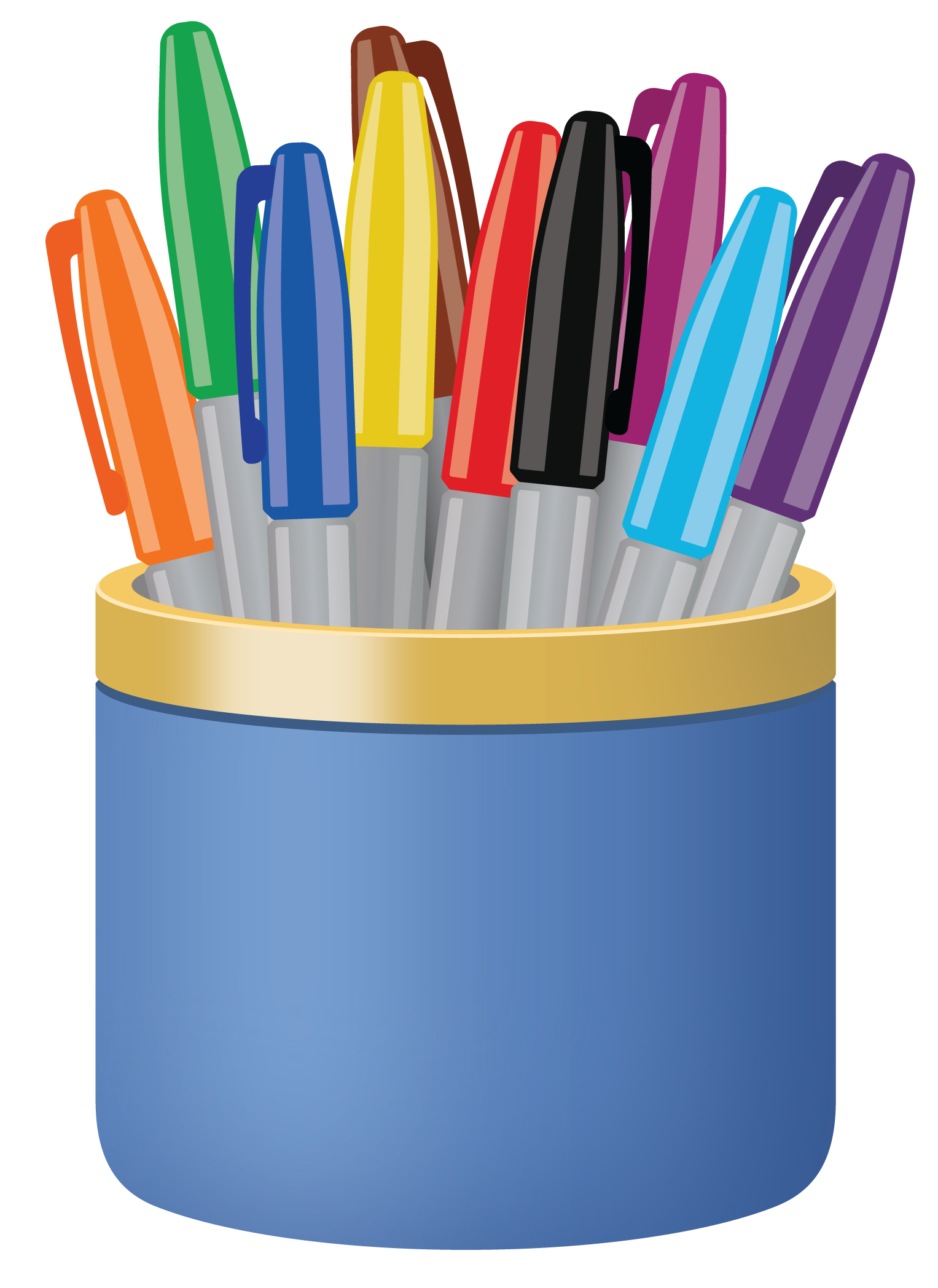 Markers in a bin.