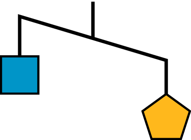 An unbalanced hanger with the left side higher than the right side. On the left side, a square. On the right side, a pentagon.