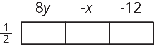 Area diagram, 1 row, 3 columns. Beside the row, 1 over 2, above the columns, 8 y, negative x, negative 12.
