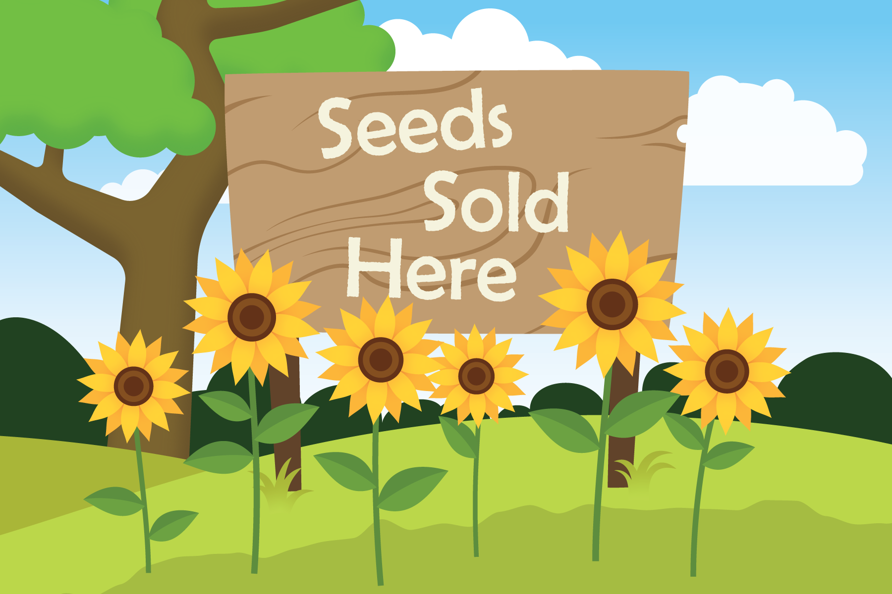 Field with a sign that says Seeds Sold Here.