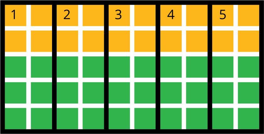 50 gold and green squares are arranged in 5 rows with 10 squares in each row.